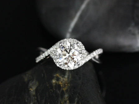 SALE Rosados Box Ready to Ship Maritza 7mm 14kt White Gold Round FB Moissanite and Diamonds Halo Twist Engagement Ring