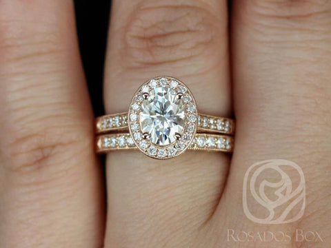 SALE 1.50ct Ready to Ship Aurora 8x6mm 14kt Rose Gold FB Moissanite Diamond Hand Engraved Oval Halo Bridal Set