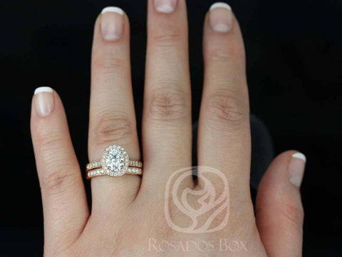SALE Rosados Box Ready to Ship Aurora 8x6mm Limited Edition 14kt Rose Gold Oval FB Moissanite Diamond Hand Engraved Halo Wedding Set