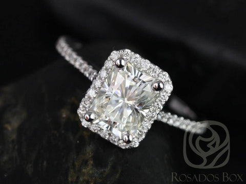 SALE Rosados Box Ready to Ship Brianna 8x6mm 14kt ROSE Gold Radiant FB Moissanite and Diamonds Halo Engagement Ring