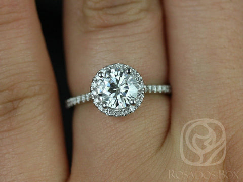 SALE Rosados Box Ready to Ship Kimberly 6.5mm Platinum Round FB Moissanite Diamonds Thin Pave Halo Engagement Ring