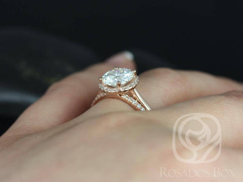 SALE Ready to Ship Shannon 8.5mm 2.25ct 14kt Rose Gold Round FB Moissanite Diamond Micropave Halo Bridal Set, Rosados Box