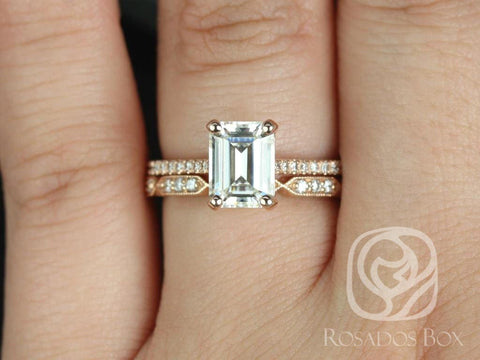 1.75ct Emerald Forever One Moissanite Diamonds Vintage Art Deco Bridal Set,14kt Rose Gold,Wilma 8x6mm & Stella