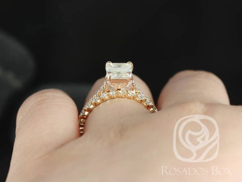 1.75ct Wilma 8x6mm & Petite Naomi 14kt Rose Gold Forever One Moissanite Diamond Emerald Solitaire Accent Bridal Set