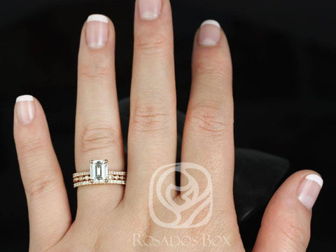 1.75ct Wilma 8x6mm-Gwen-Brianna 14kt Rose Gold Forever One Moissanite Diamonds Art Deco Emerald Solitaire TRIO Bridal Set