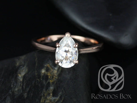 1.50ct Skinny Jane 9x6mm 14kt Rose Gold Forever One Moissanite Dainty Minimalist Cathedral Pear Solitaire Engagement Ring