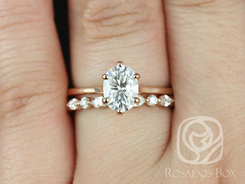 Skinny Lexus 8x6mm & Cher 14kt Rose Gold Oval Moissanite Diamond Six-Prong Cathedral Solitaire Bridal Set