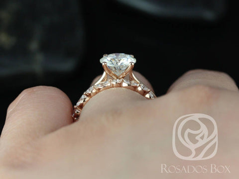 2ct Skinny Flora 8mm & Petite Cher 14kt Rose Gold Moissanite Diamond Dainty Cathedral Round Solitaire Bridal Set