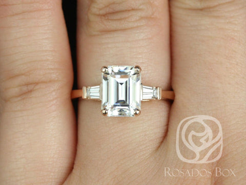 2.50ct Farrah 9x7mm 14kt Rose Gold Forever One Moissanite Diamond Art Deco Baguette 3 Stone Emerald Engagement Ring