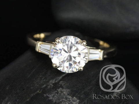 2cts Francis 8mm 14kt Gold Forever One Moissanite Diamond Baguettes 3 Stone Round Engagement Ring