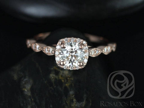 Ready to Ship Christie 3/4ct 14kt Rose Gold Round Diamond Cushion Halo WITH Milgrain Art Deco Engagement Ring