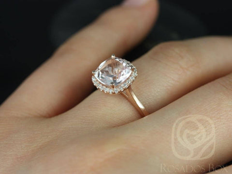 Ready to Ship Roxie 8mm 14kt YELLOW Gold Morganite Diamonds Micropave Cushion Halo Ring