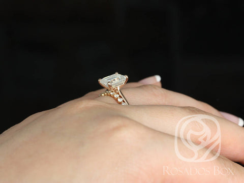 2.60ct Skinny Norma 9x7mm & Petite Naomi 14kt Rose Gold Moissanite Diamond Emerald Solitaire Bridal Set
