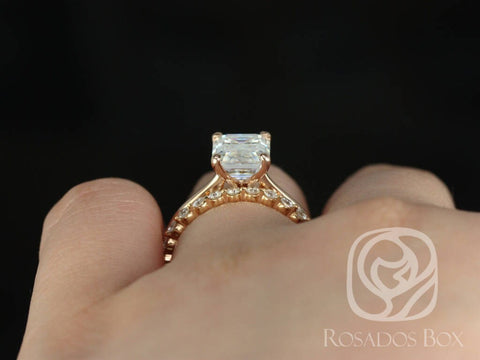 2.60ct Skinny Norma 9x7mm & Petite Naomi 14kt Rose Gold Moissanite Diamond Emerald Solitaire Bridal Set