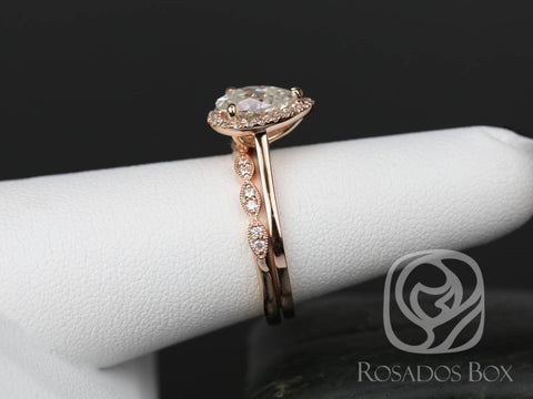 SALE Rosados Box Ready to Ship Julie 9x6mm & Christie WITH Milgrain 14kt Rose Gold Pear FB Moissanite Diamond Halo Wedding Set