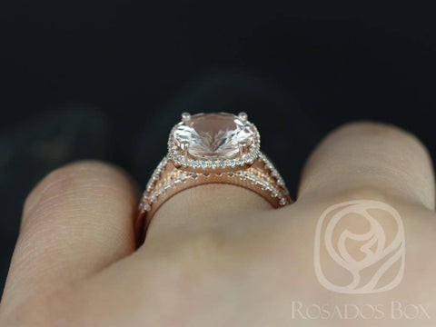Rosados Box Ready to Ship Barra 10mm 14kt Rose Gold Round Morganite Diamond Cushion Halo Classic Wedding Set Rings