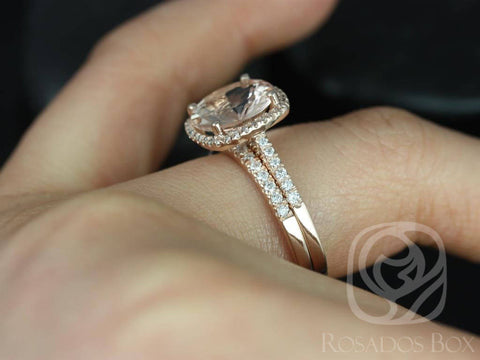 Rosados Box Ready to Ship Barra 10mm 14kt Rose Gold Round Morganite Diamond Cushion Halo Classic Wedding Set Rings