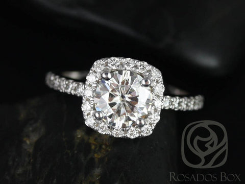 SALE Rosados Box Ready to Ship Colbie 7mm 14kt White Gold Round FB Moissanite and Diamond Cushion Halo Engagement Ring