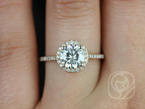 SALE Rosados Box Ready to Ship Kubian 7mm 14kt Rose Gold Round FB Moissanite Diamonds Dainty Pave Halo Engagement Ring