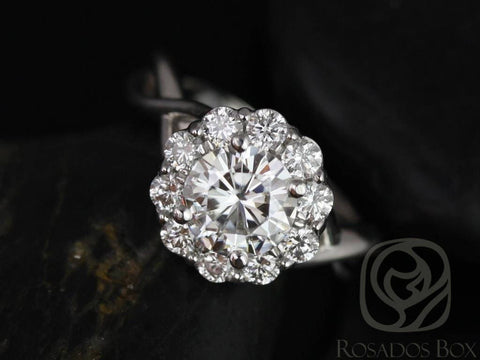 SALE Rosados Box Ready to Ship Renee 6.5mm 14kt White Gold Round FB Moissanite and Diamonds Flower Halo Engagement Ring