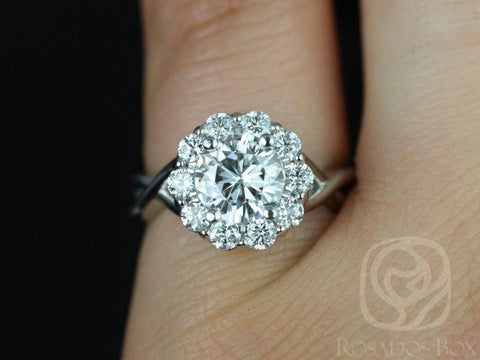 SALE 1ct Ready to Ship Renee 6.5mm 14kt White Gold FB Moissanite Diamonds Flower Halo Ring