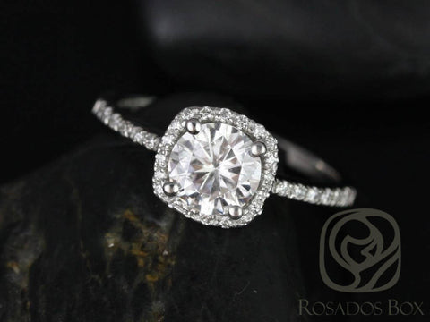SALE Rosados Box Ready to Ship Barra 6mm Platinum Round FB Moissanite and Diamonds Cushion Halo Engagement Ring