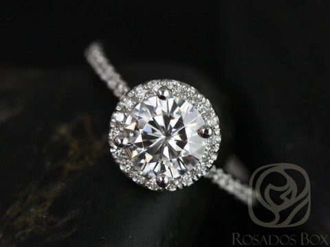 SALE Rosados Box Ready to Ship Kimberly 6.5mm Platinum Round FB Moissanite Diamonds Thin Pave Halo Engagement Ring