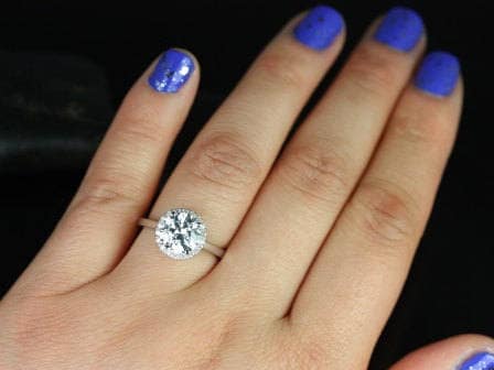 SALE Rosados Box Ready to Ship Monique 8mm Platinum Round FB Moissanite and Diamonds Halo Engagement Ring