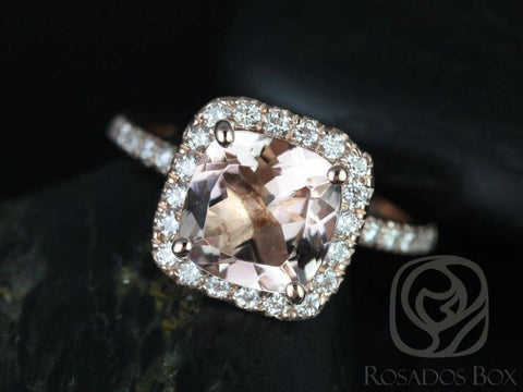 Ready to Ship Pernella 8mm 14kt Rose Gold Morganite Diamonds Micropave Cushion Halo Non-Cathedral Engagement Ring