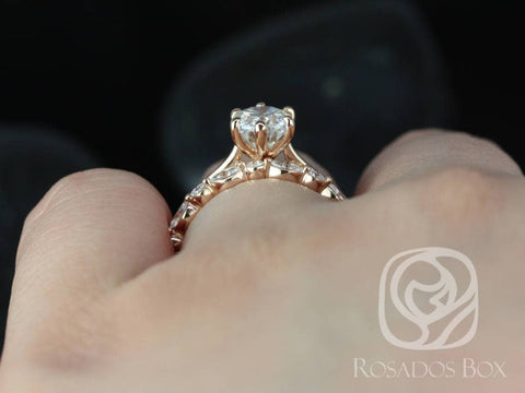 Skinny Lexus 8x6mm & Cher 14kt Rose Gold Oval Moissanite Diamond Six-Prong Cathedral Solitaire Bridal Set