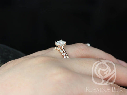 Skinny Florence 6.5mm & Cher 14kt Rose Gold Cushion Forever One Moissanite Diamonds Tulip Cathedral Solitaire Bridal Set