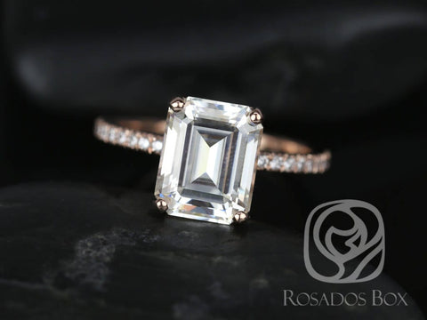 SALE 3.90ct Ready to Ship Vertical Becca 10x8mm 14kt Rose Gold FB Moissanite Diamonds Emerald Cut Solitaire Ring