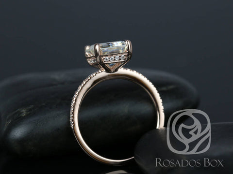 SALE Rosados Box Ready to Ship Vertical Becca 10x8mm 14kt Rose Gold Emerald FB Moissanite Diamonds Engagement Ring