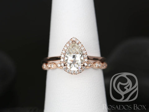 SALE 1.50ct Ready to Ship Julie 9x6mm & Christie 14kt Rose Gold WITH Milgrain FB Moissanite Diamond Pear Halo Bridal Set