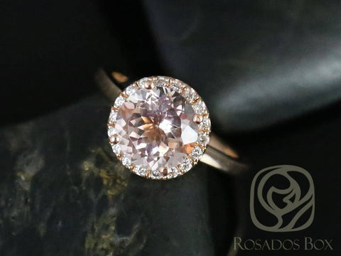 Rosados Box Ready to Ship Monique 8mm 14kt Rose Gold Round Morganite and Diamonds Halo Engagement Ring