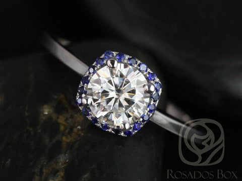0.75ct Ready to Ship Bella 6mm 14kt FB Moissanite Blue Sapphire Cushion Halo Ring