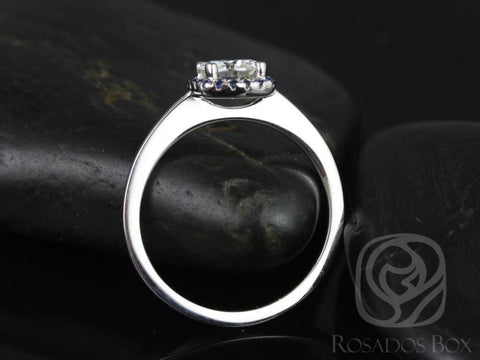 SALE FB Moissanite Blue Sapphire Cushion Halo Engagement Ring , 14kt Solid White Gold , Ready to Ship , Bella 6mm ,  Rosados Box