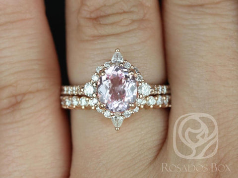 1.86cts Oval Blush Champagne Spinel Diamonds Star Halo Bridal Set Rings,14kt Solid Rose Gold,Ready to Ship Jadis 1.86cts,Rosados Box