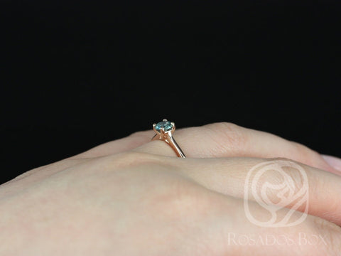 0.65ct Skinny Flora 14kt Rose Gold Ocean Teal Blue Sapphire Dainty Cathedral Round Solitaire Engagement Ring