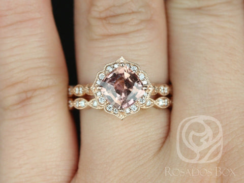 2.08cts Ready to Ship Lucille & Christie 14kt Rose Gold Rustic Salmon Red Sapphire Diamond Kite Set Halo Wedding Set Ring