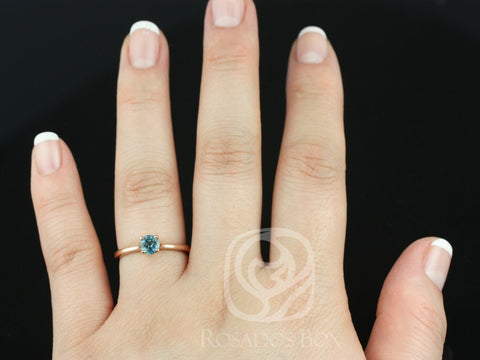 0.65ct Skinny Flora 14kt Rose Gold Ocean Teal Blue Sapphire Cathedral Round Solitaire Ring