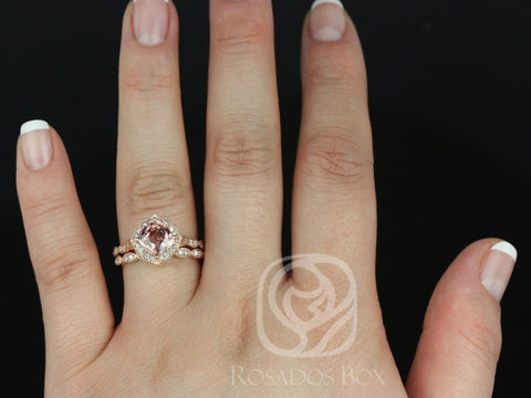 2.08cts Ready to Ship Lucille & Christie 14kt Rose Gold Rustic Salmon Red Sapphire Diamond Kite Set Halo Wedding Set Ring