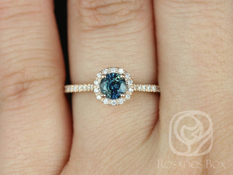 0.67ct Ready to Ship Kubian 14kt Rose Gold Teal Sapphire Diamonds Pave Round Halo Ring