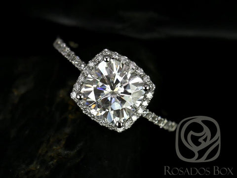 SALE Randi 7.5mm 14kt White Gold Cushion Forever Brilliant Moissanite Diamond Halo Engagement Ring