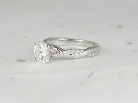 1.25ct Tyra 7mm 14kt White Gold Forever One Moissanite Diamond Unique Crossover Alternating PaveVine Twist Round Engagement Ring