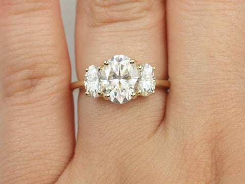 2cts Odessa 9x7mm 14kt Gold Moissanite Dainty 3 Stone Oval Engagement Ring
