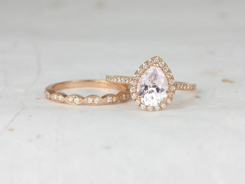 1.83ct Ready to Ship Tabitha & Christie 14kt Rose Gold Blush Peach Champagne Sapphire Diamond Art Deco Halo Bridal Set