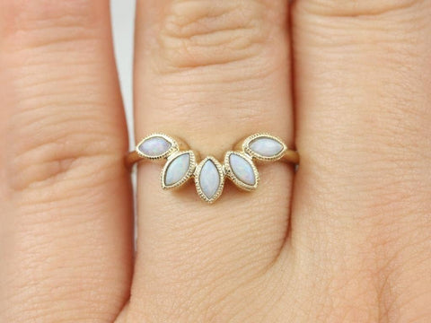 Ready to Ship Petunia 14kt Yellow Gold Marquise Opal Leaves WITH Milgrain Tiara Ring