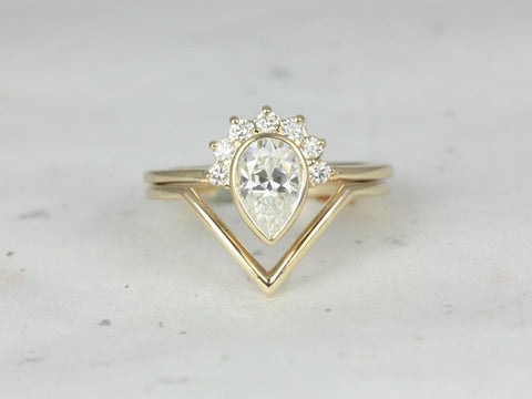 1ct Oana 8x5mm & Femme 14kt Gold Moissanite Diamonds Pear Bezel Crescent Half Halo V Unique Bridal Set