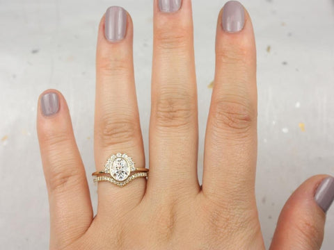 1.50ct Oksana 8x6mm & Chevy 14kt Gold Moissanite Diamond Oval Half Halo Bridal Set,Unique Wedding Ring,Oval Engagement Ring,Anniversary Gift